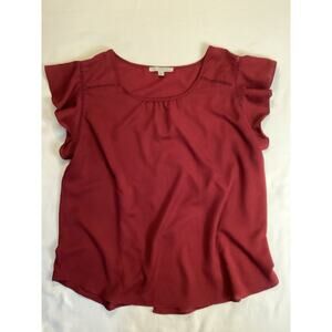 Haute Monde Women's Red Ruffle Crochet Flutter Sleeve Round Neck Blouse 2XL